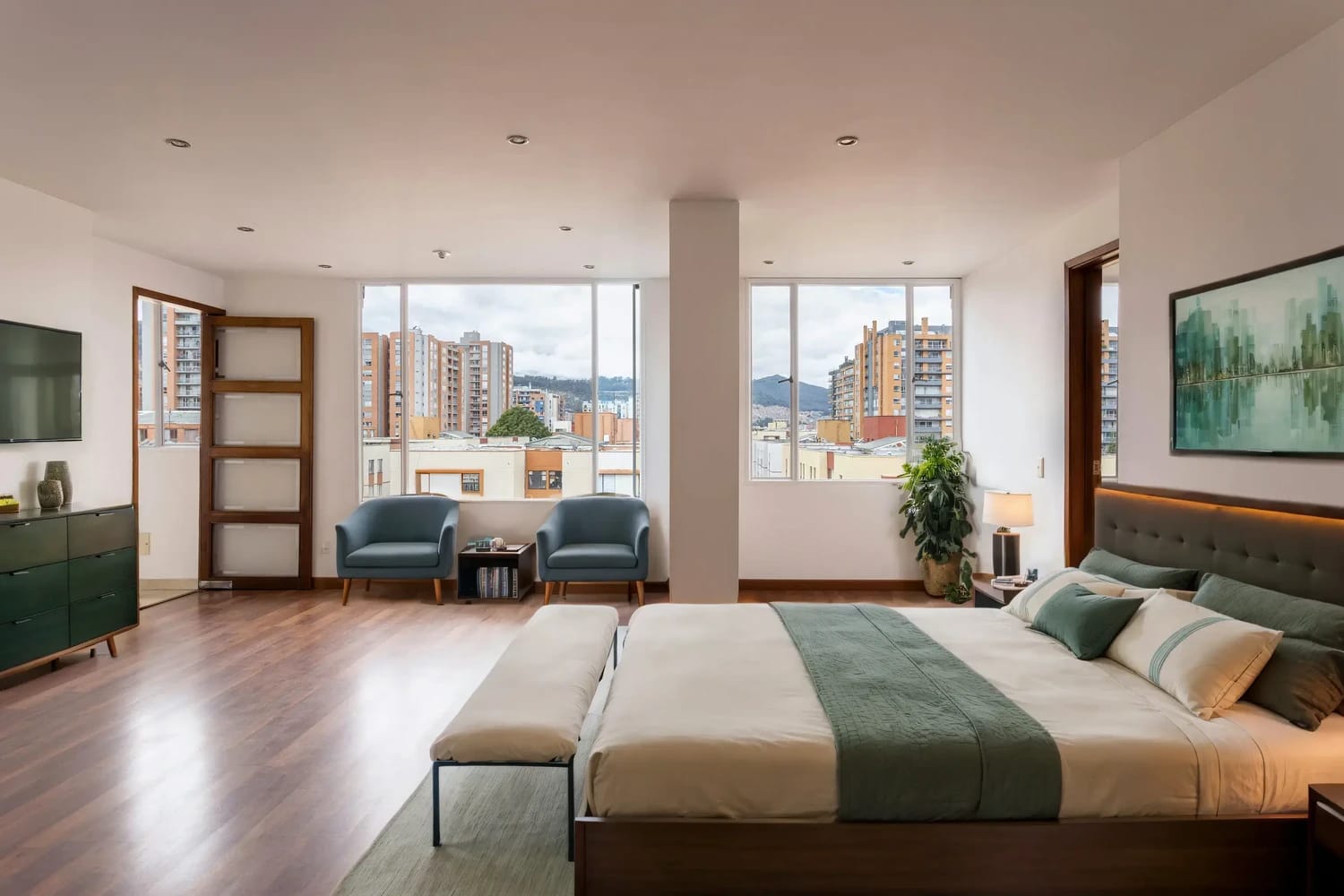 Virtually staged bedroom with modern furniture for San Diego real estate listing